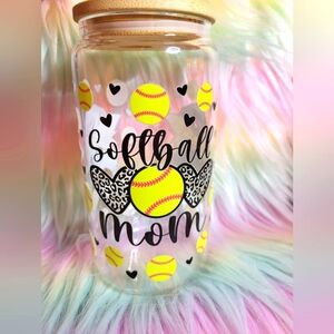 Softball Mom 16oz tumbler Glass W Glass Straw